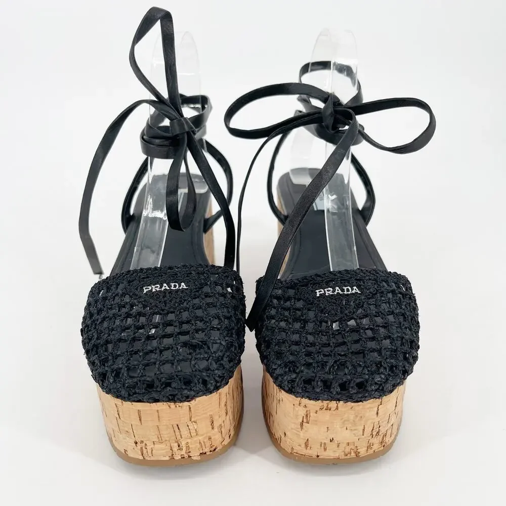 Prada Black Raffia Crochet Logo Cork Platform Lace Up Ankle Tie Sandals IT 41